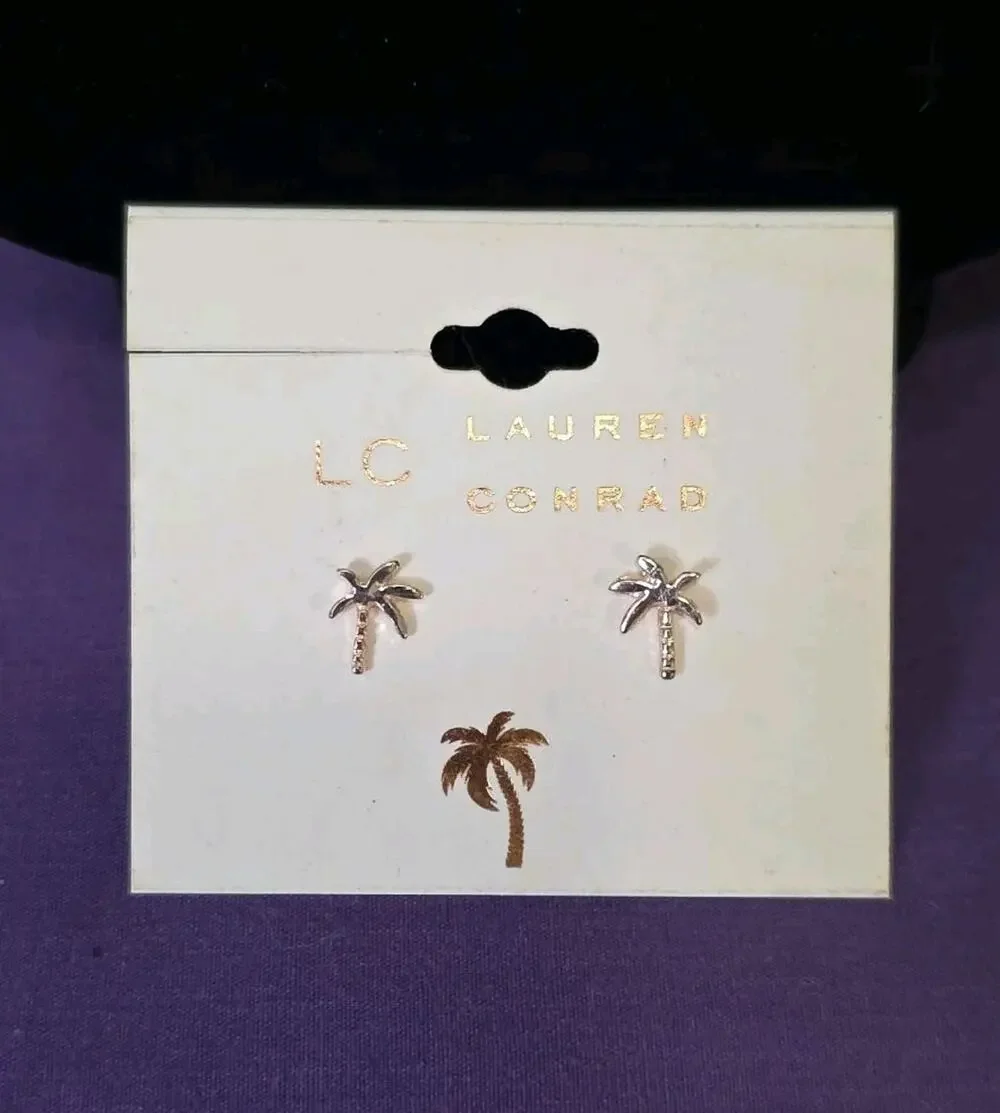 LAUREN CONRAD Palm Tree Earrings Stud Rose Gold Tone Metal Small Pierced